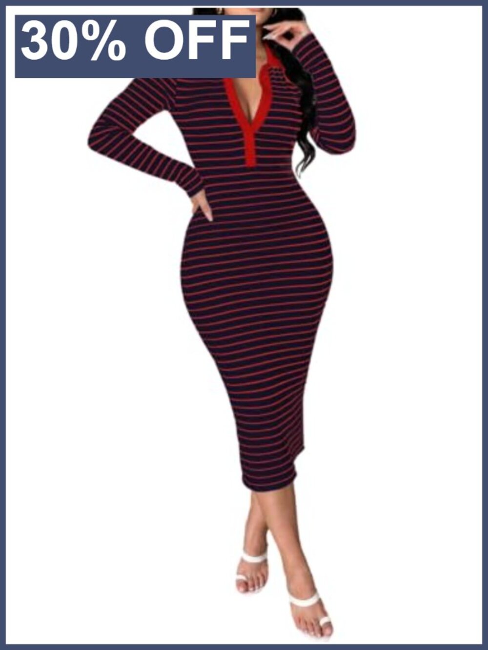 Ribbed Knit Long Sleeve Polo Collar Striped Bodycon Midi Dress